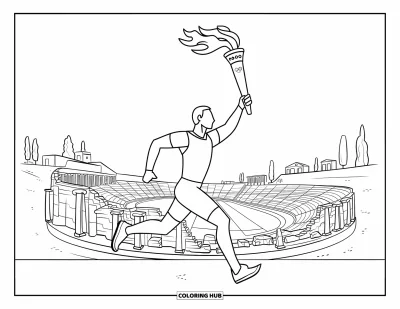 Coloriage de Grèce pour enfants : Un coureur olympique dépasse des ruines en ruine sous un ciel dégagé