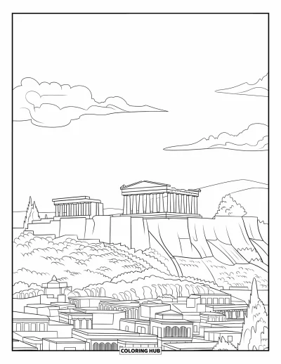 Coloriage de Grèce pour enfants : D'anciennes colonnes dominent la ville à l'Acropole