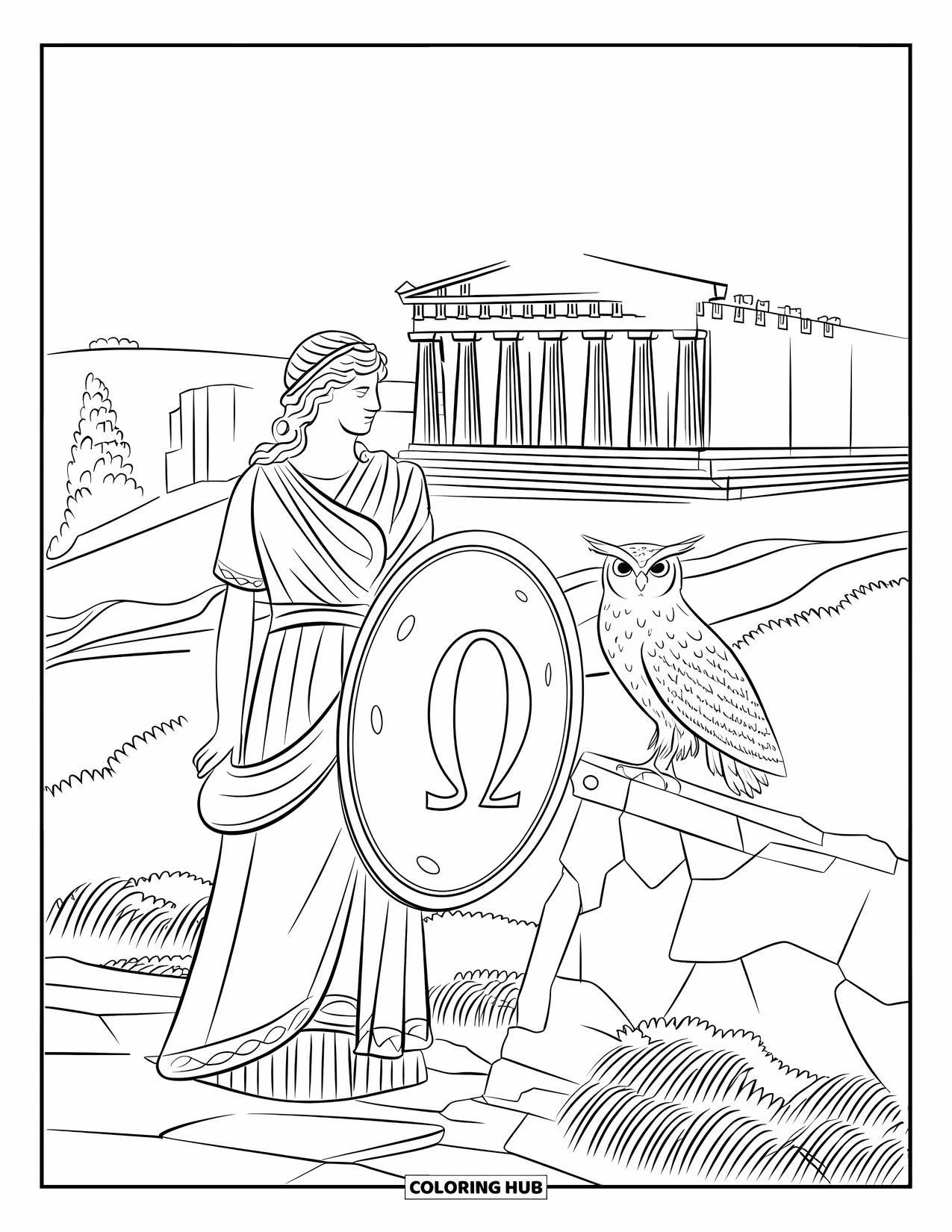 Greece Coloring Page for Kids: Athena stands proudly with her owl before ancient ruins