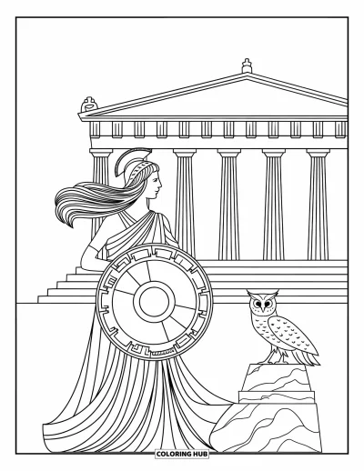 Coloriage de Grèce pour enfants : Athéna se tient fièrement devant le Parthénon avec une chouette à ses côtés