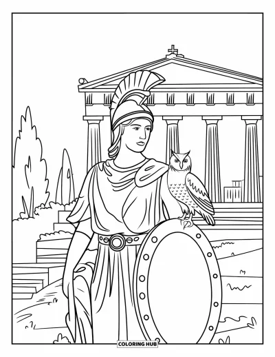 Coloriage de Grèce pour enfants : Athéna porte un casque et une robe, debout devant des colonnes grecques