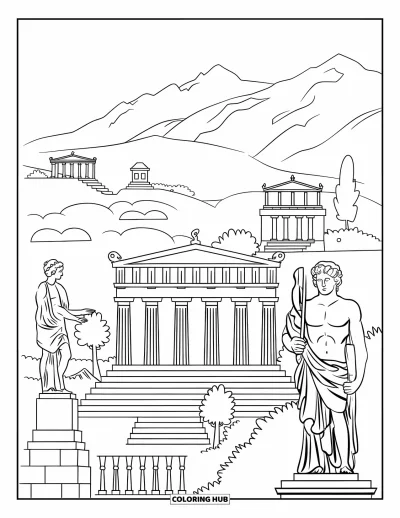 Coloriage de Grèce pour enfants : Des colonnes et des arbres entourent un temple dans un paysage montagneux pittoresque