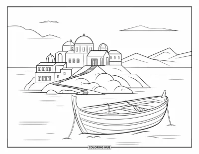 Coloriage de Grèce pour enfants : Des cannes à pêche reposent dans un bateau près d'un village insulaire en montagne