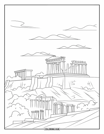 Coloriage de Grèce pour enfants : Cinq colonnes s'élèvent sur une colline sous un ciel tranquille