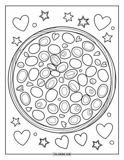 Coloriage de Grèce pour enfants : Des olives grecques et de la feta sont posées sur une base en bois avec des étoiles