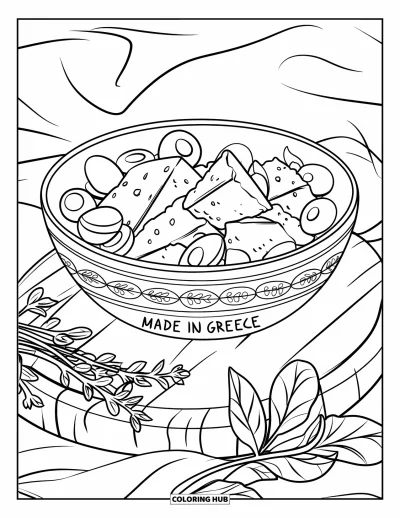 Coloriage de Grèce pour enfants : Une salade grecque avec de la feta et des herbes repose près d'un linge blanc