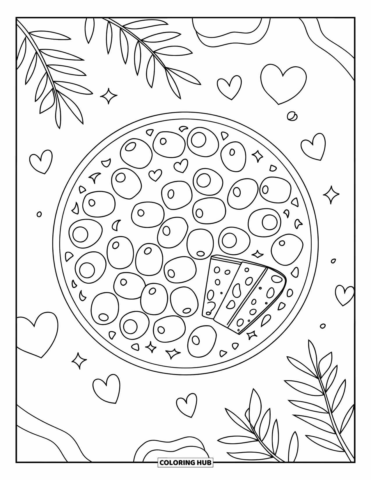 Greece Coloring Page for Kids: Olives and feta sit on a plate with scattered leaves and stars