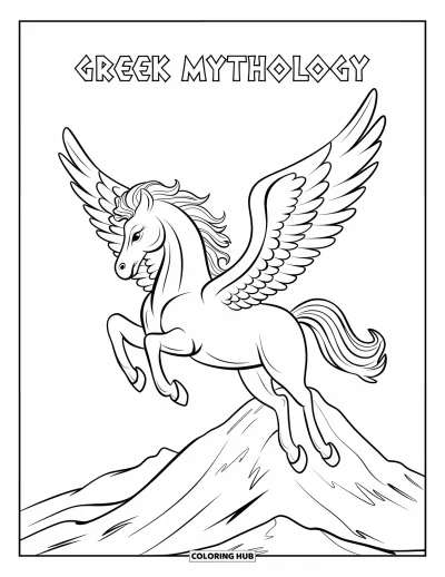 Coloriage de Grèce pour enfants : Pégase vole haut au-dessus du mont Olympe sous un texte grec en grandes lettres