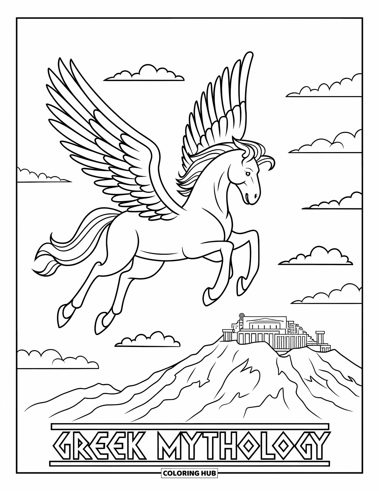 Greece Coloring Page for Kids: Pegasus gallops through the sky above Mount Olympus