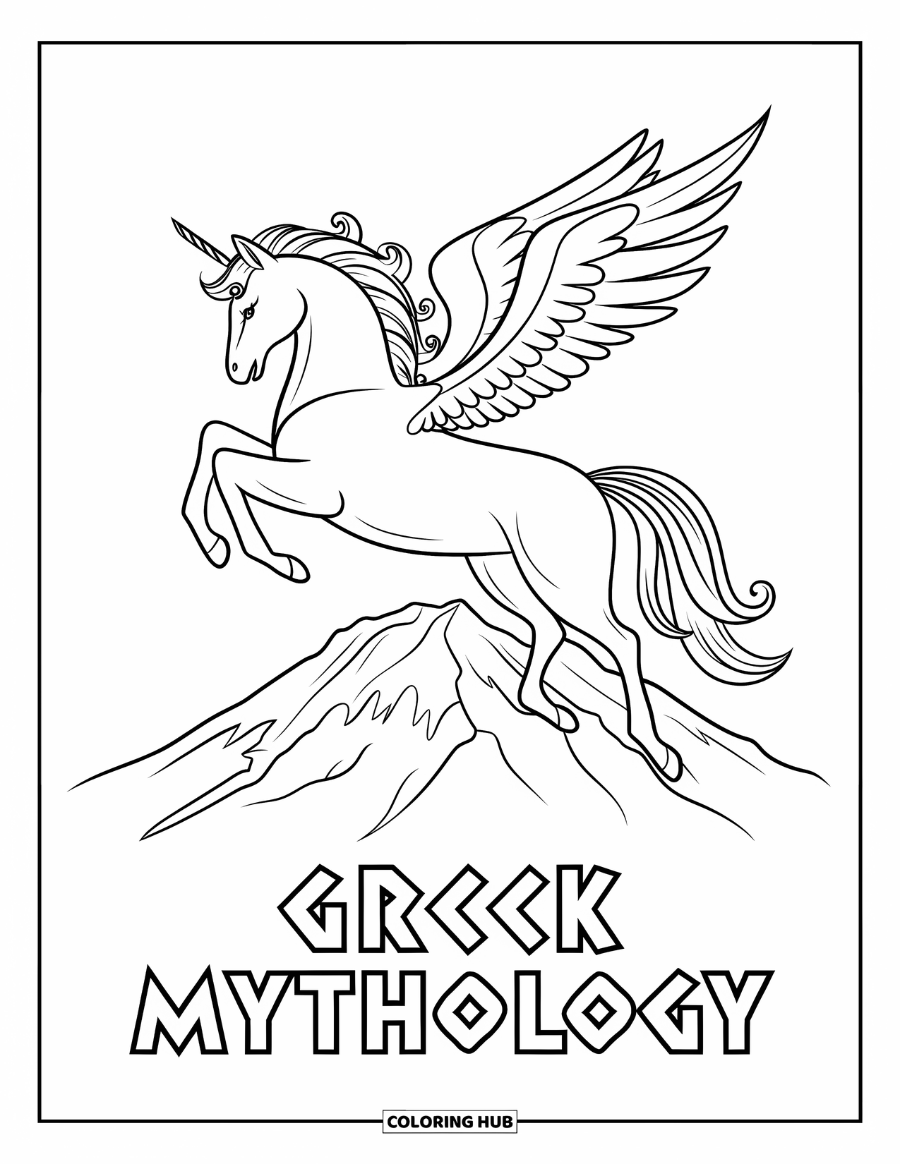Greece Coloring Page for Kids: Pegasus soars above Mount Olympus with "Greek Mythology" written below