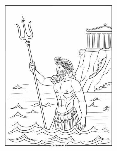 Coloriage de Grèce pour enfants : Poséidon surgit des vagues près d'un temple, tenant son trident