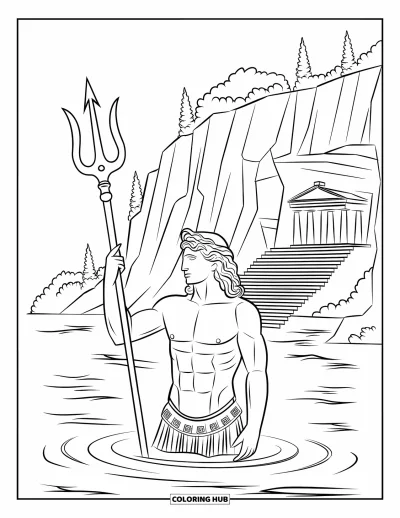 Coloriage de Grèce pour enfants : Poséidon aux longs cheveux surgit près d'un temple taillé dans les falaises