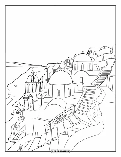 Coloriage de Grèce pour enfants : Les toits de Santorin et les chemins en bord de mer surplombent la mer bleue et calme