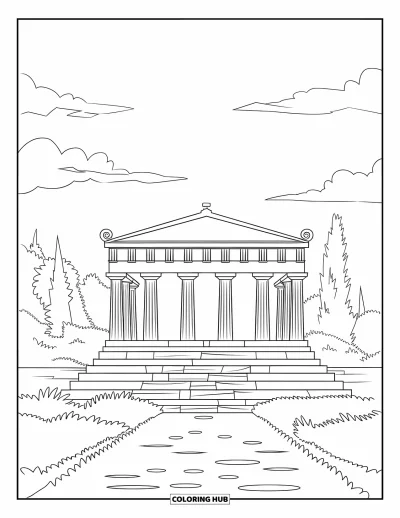 Coloriage de Grèce pour enfants : Des marches en pierre mènent à un temple grec paisible entouré d'arbres