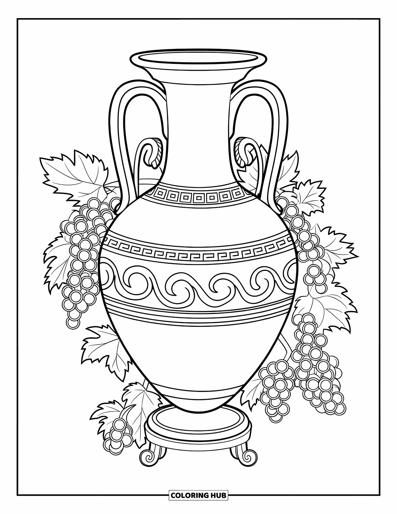 Greece Coloring Page for Kids: Swirling patterns decorate a Greek vase on a wooden stand