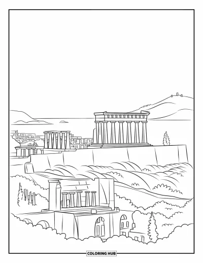 Coloriage de Grèce pour enfants : L'Acropole domine la mer et la ville depuis sa colline