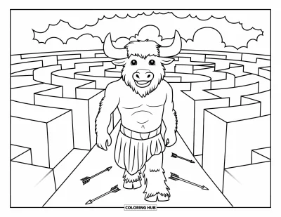 Coloriage de Grèce pour enfants : Le minotaure explore un labyrinthe de pierre sous des ciels nuageux