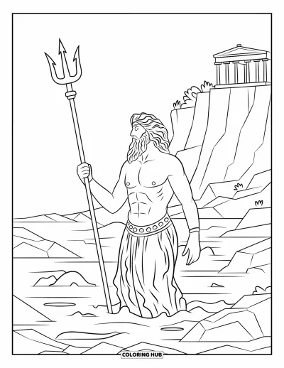 Coloriage de Grèce pour enfants : Des vagues déferlent tandis que Poséidon lève son trident près d'un temple en falaise