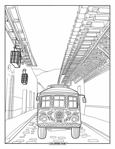 Coloriage du Guatemala pour adultes : Un bus coloré roule sur une rue pavée bordée de lanternes et de balcons