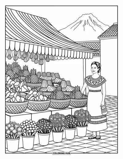 Coloriage du Guatemala pour adultes : Un étal de marché animé avec des fruits, des tissus, des herbes et un vendeur souriant