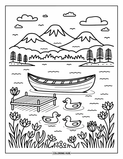Coloriage du Guatemala pour adultes : Une scène lacustre apaisante avec des canards, des nénuphars, un canoë et des volcans au loin