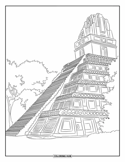 Coloriage du Guatemala pour adultes : Un grand temple maya émerge de la jungle avec ses marches et ses lianes