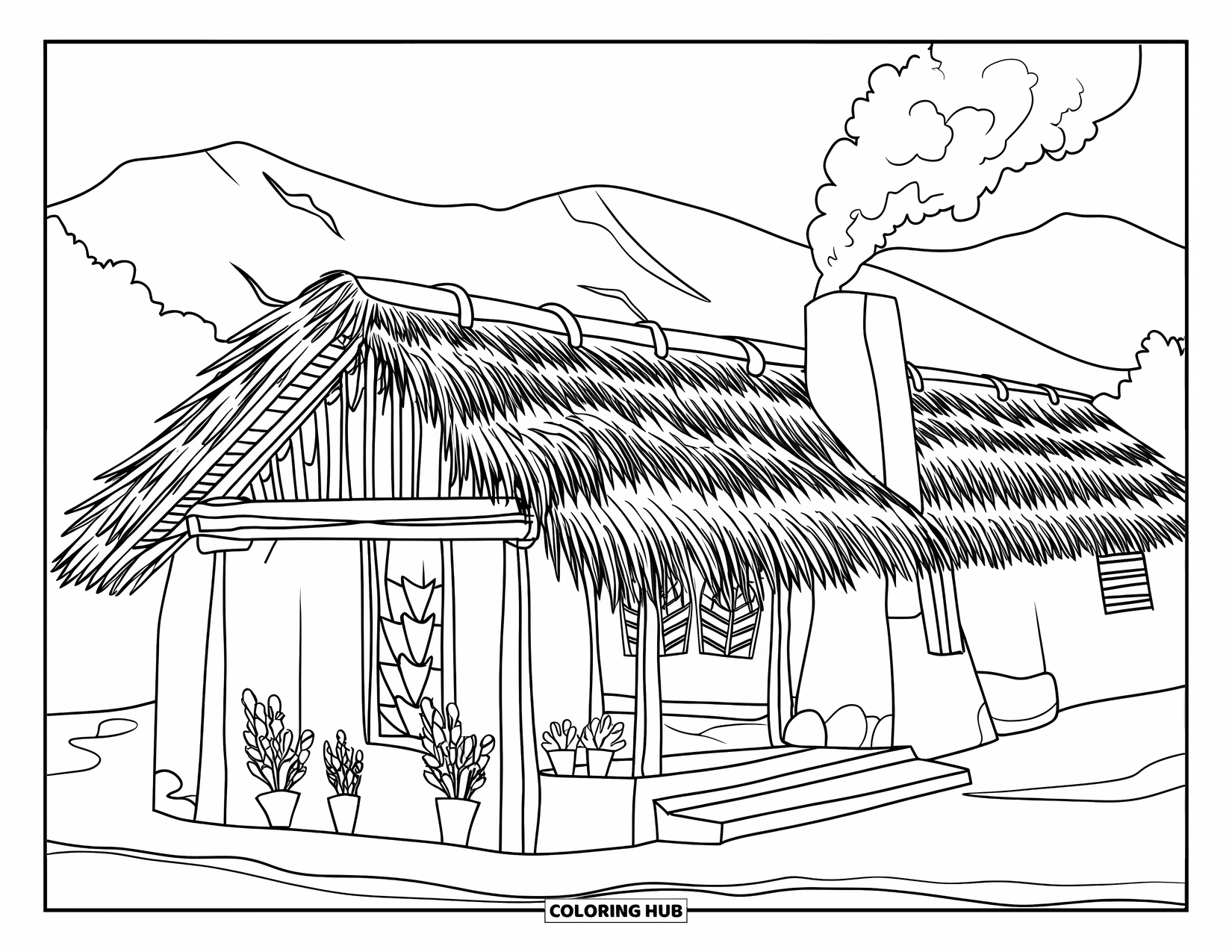 Guatemala Coloring Page for Adults: A traditional village house with a smoky fire sits beneath mountain views and potted plants