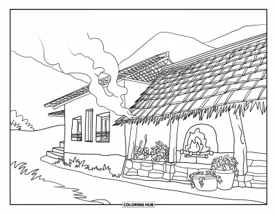 Coloriage du Guatemala pour adultes : Une maison de village au toit de chaume entourée de plantes le long d'un chemin de montagne