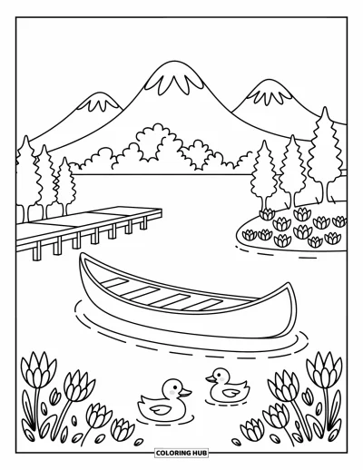 Coloriage du Guatemala pour adultes : Canoë sur un lac avec des canards, des nénuphars et des volcans au loin
