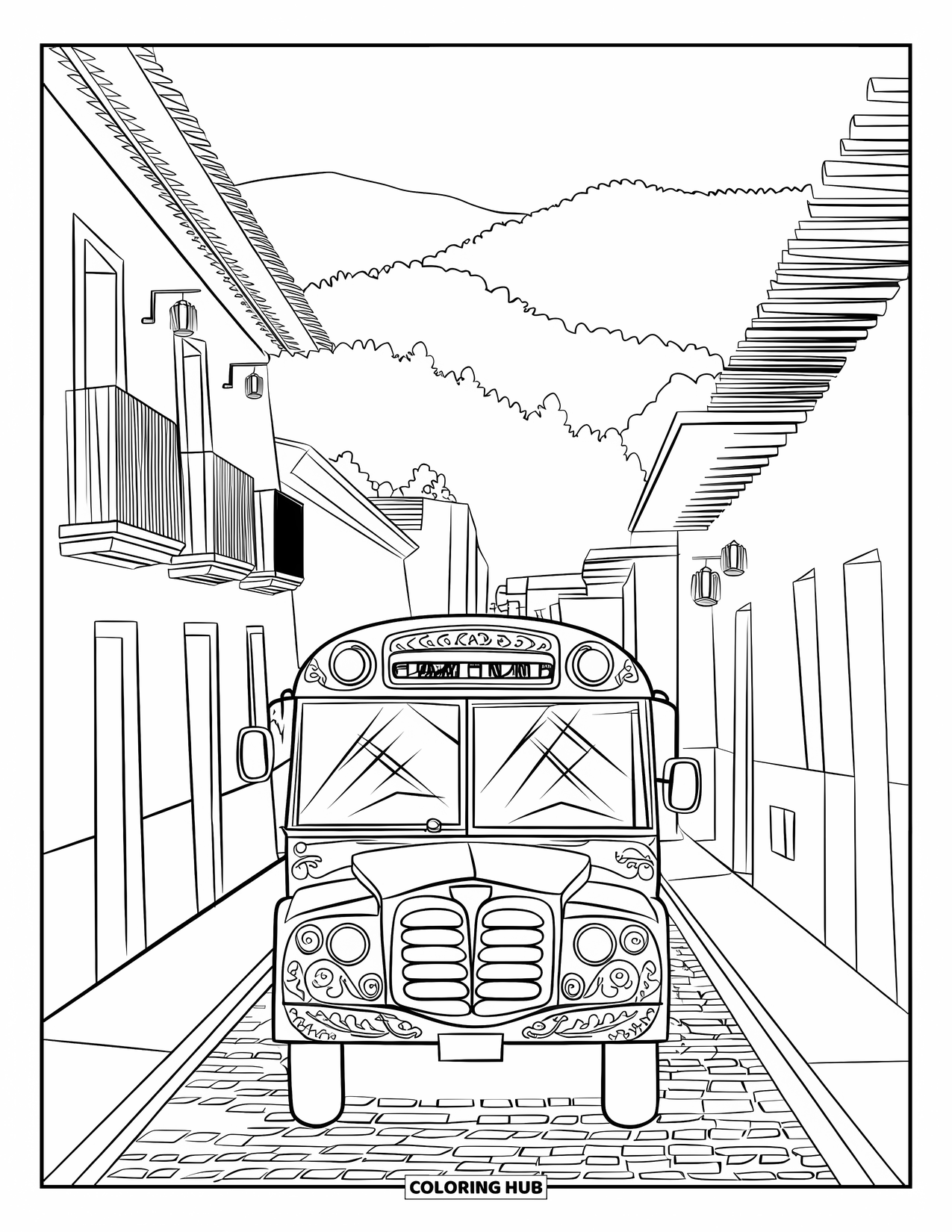 Guatemala Coloring Page for Adults: Chicken bus drives near trees and balconies on a winding cobblestone road