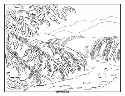 Coloriage du Guatemala pour adultes : Des cueilleurs de café empruntent un chemin de terre sous les arbres des champs de montagne