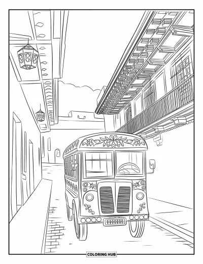 Coloriage du Guatemala pour adultes : Un bus coloré traverse des ruelles étroites devant des lanternes et des bâtiments aux façades détaillées