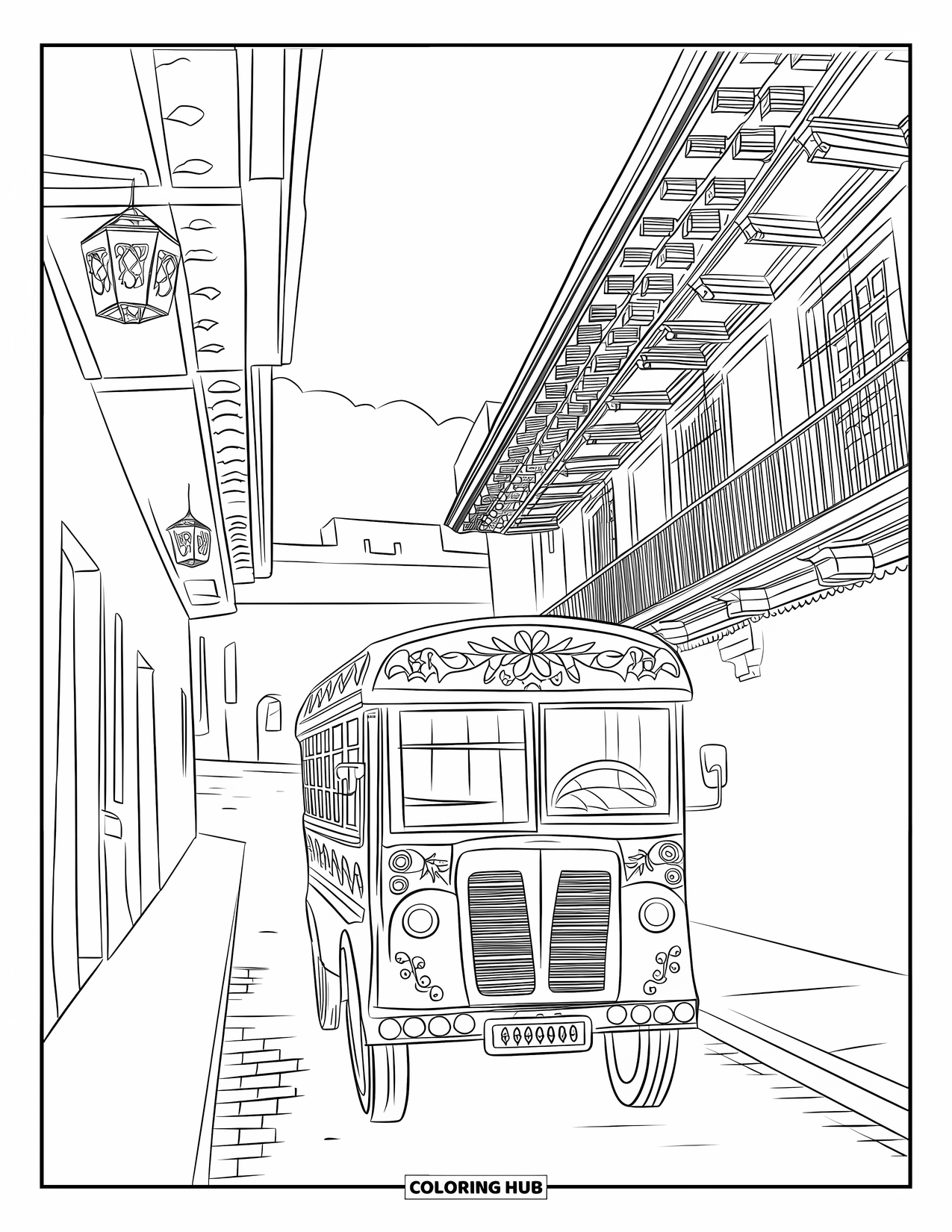 Guatemala Coloring Page for Adults: Colorful chicken bus rolls through narrow streets past lanterns and detailed buildings