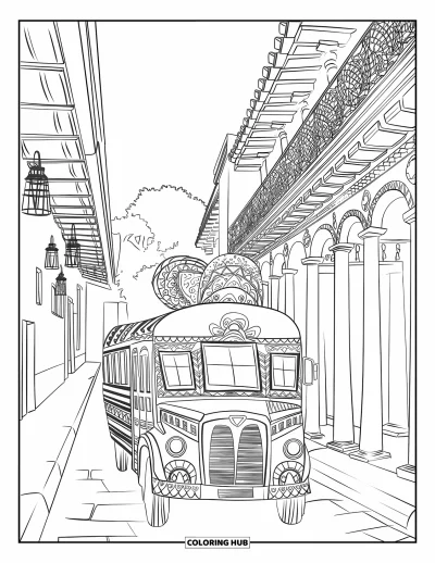 Coloriage du Guatemala pour adultes : Un bus décoré passe sous des balcons et des arches dans une ruelle urbaine