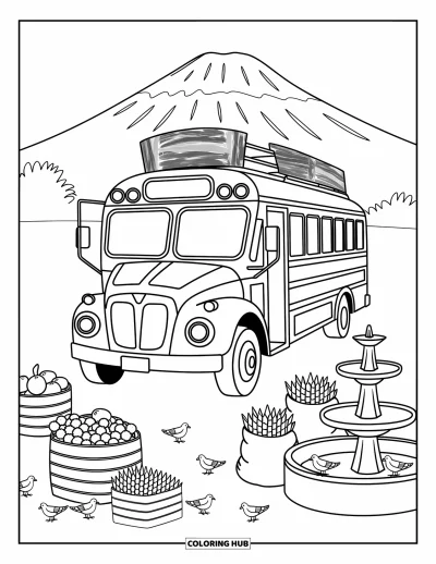 Coloriage du Guatemala pour adultes : Bus coloré décoré avec des caisses, des sacs de maïs et des pigeons devant une chaîne de montagnes