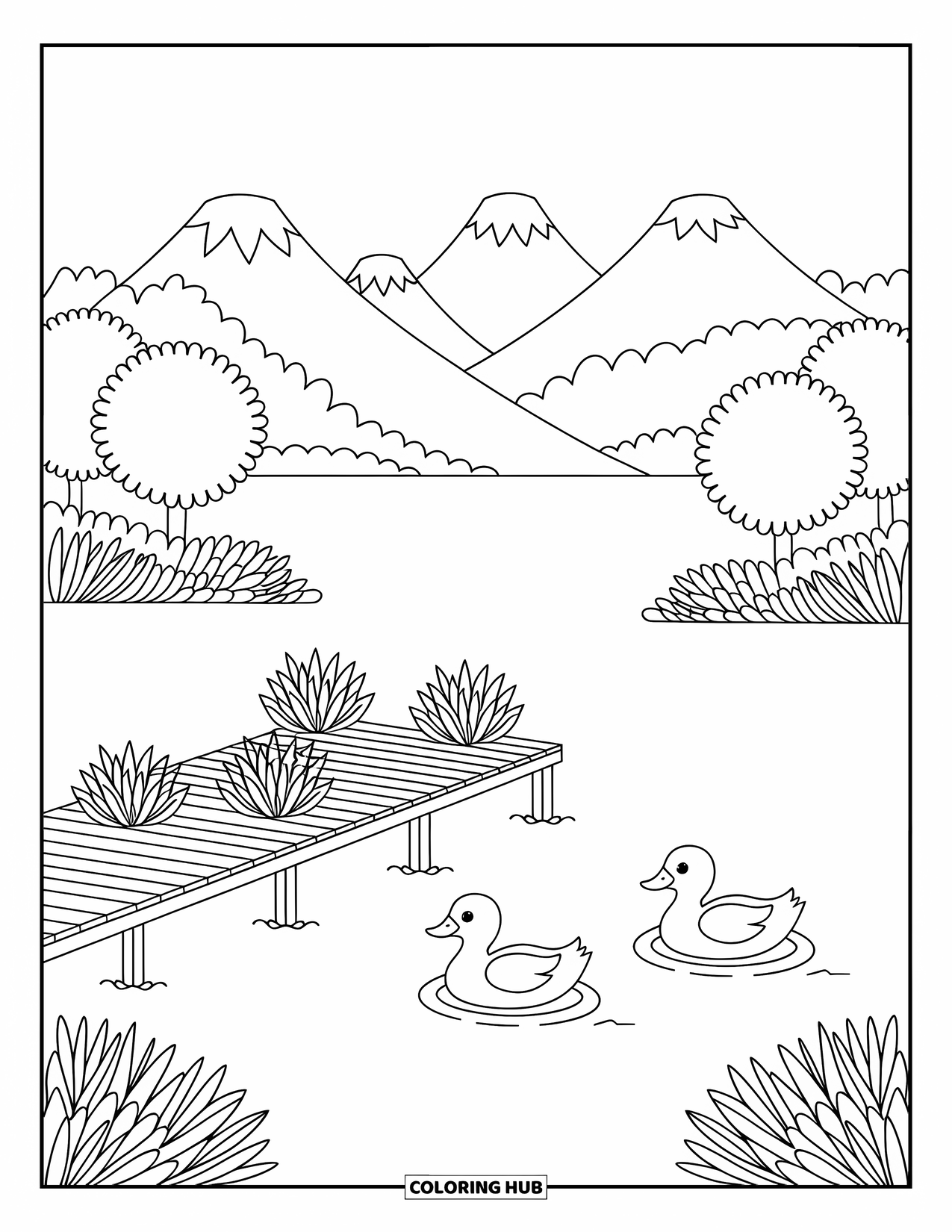 Guatemala Coloring Page for Adults: Ducks paddle near a quiet pier, backed by three volcanoes and flowering trees