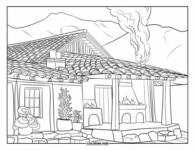 Coloriage du Guatemala pour adultes : Maison des hauts plateaux avec des tuiles en terre cuite et des plantes en pots nichée près des montagnes