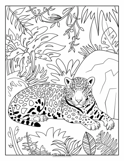 Coloriage du Guatemala pour adultes : Un jaguar se repose contre un rocher dans la jungle verdoyante du Guatemala