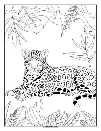 Coloriage du Guatemala pour adultes : Un jaguar aux taches marquées se prélasse dans une végétation jungle dense et feuillue