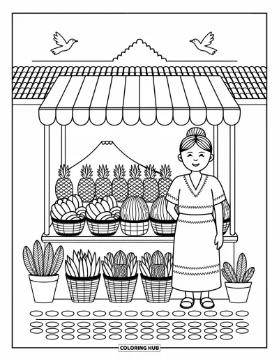 Coloriage du Guatemala pour adultes : Un étal de marché débordant de fruits et de tissus, avec un vendeur en tenue maya