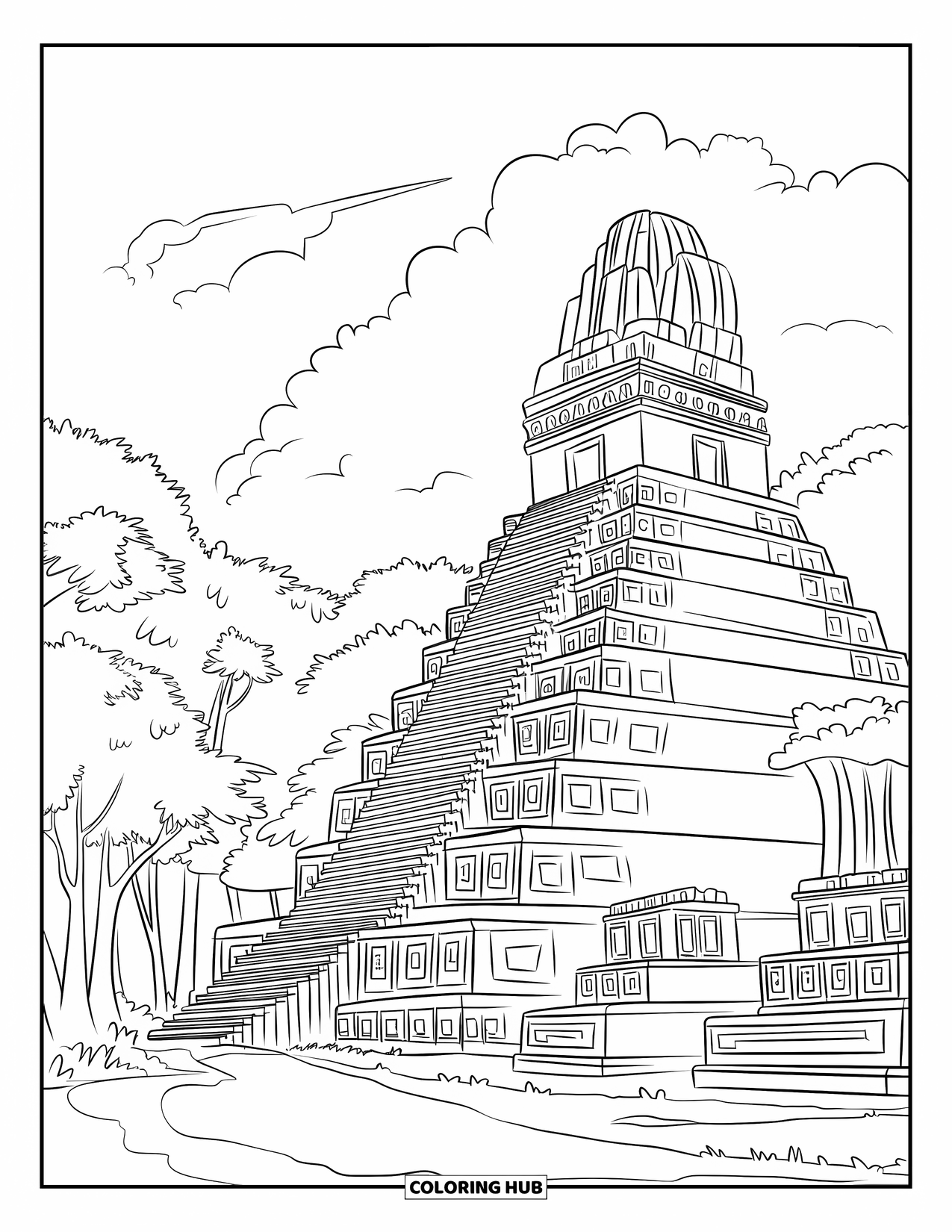 Guatemala Coloring Page for Adults: Mayan temple with platforms and jungle trees stands under a cloudy sky