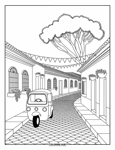 Coloriage du Guatemala pour adultes : Rue étroite avec un tuk-tuk sous un arbre et des guirlandes décoratives suspendues