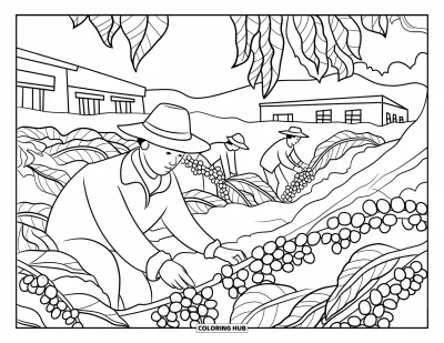 Coloriage du Guatemala pour adultes : Des villageois récoltent des grains de café mûrs à l'ombre près de bâtiments rustiques