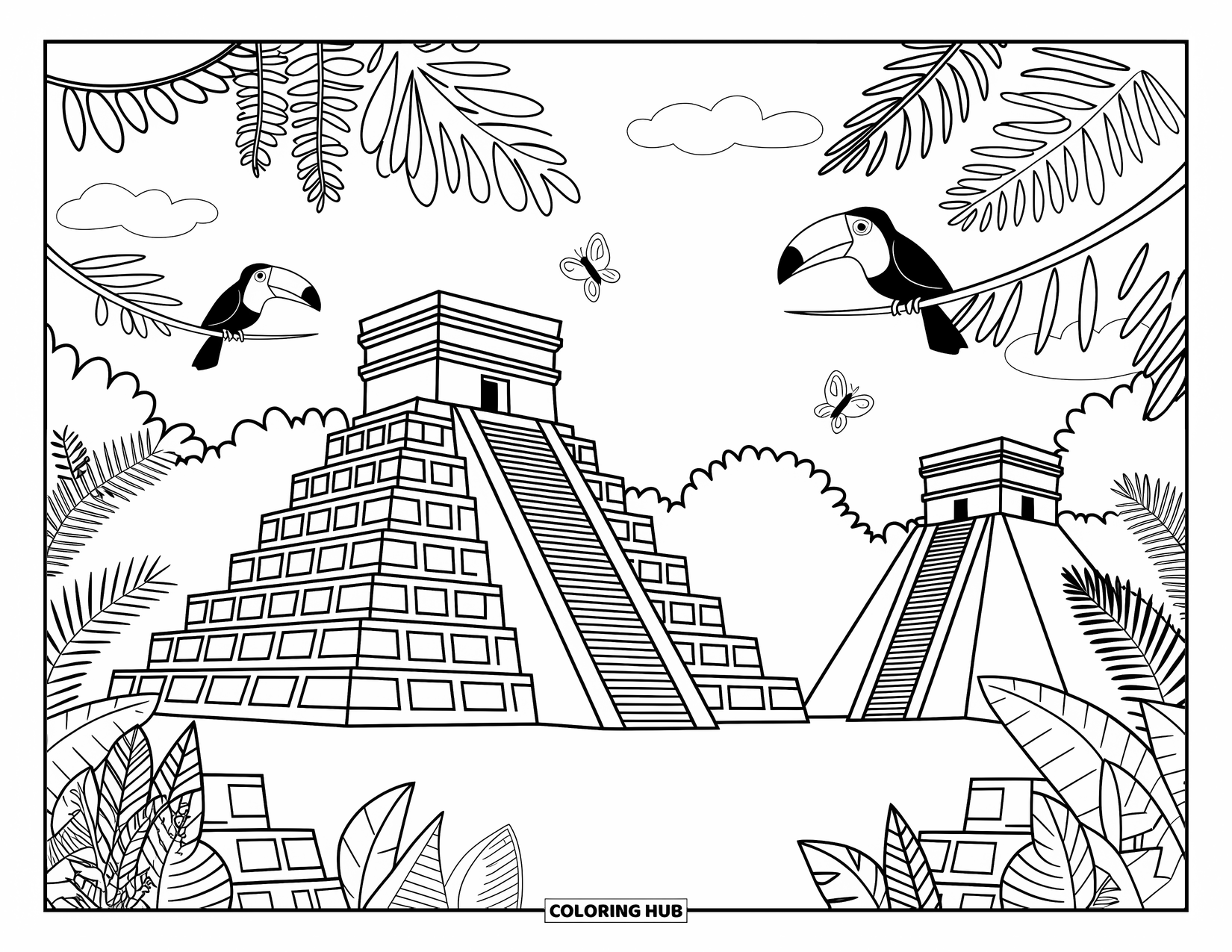 Guatemala Coloring Page for Adults: Pyramids peek through dense jungle, surrounded by toucans, ferns, and vines
