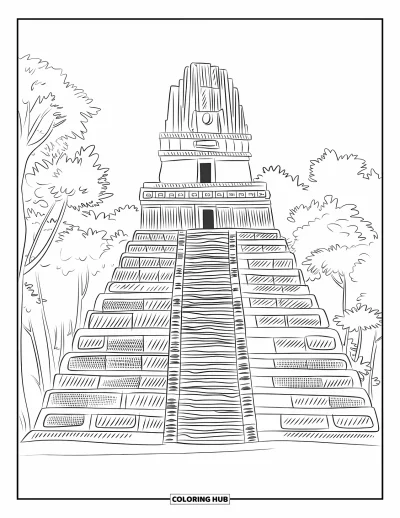 Coloriage du Guatemala pour adultes : Temple aux marches de pierre se dressant fièrement sous une épaisse canopée