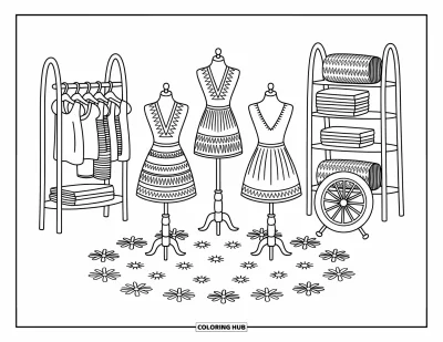 Coloriage du Guatemala pour adultes : Trois mannequins en tenues folkloriques posent parmi des étoffes pliées et de délicats détails floraux