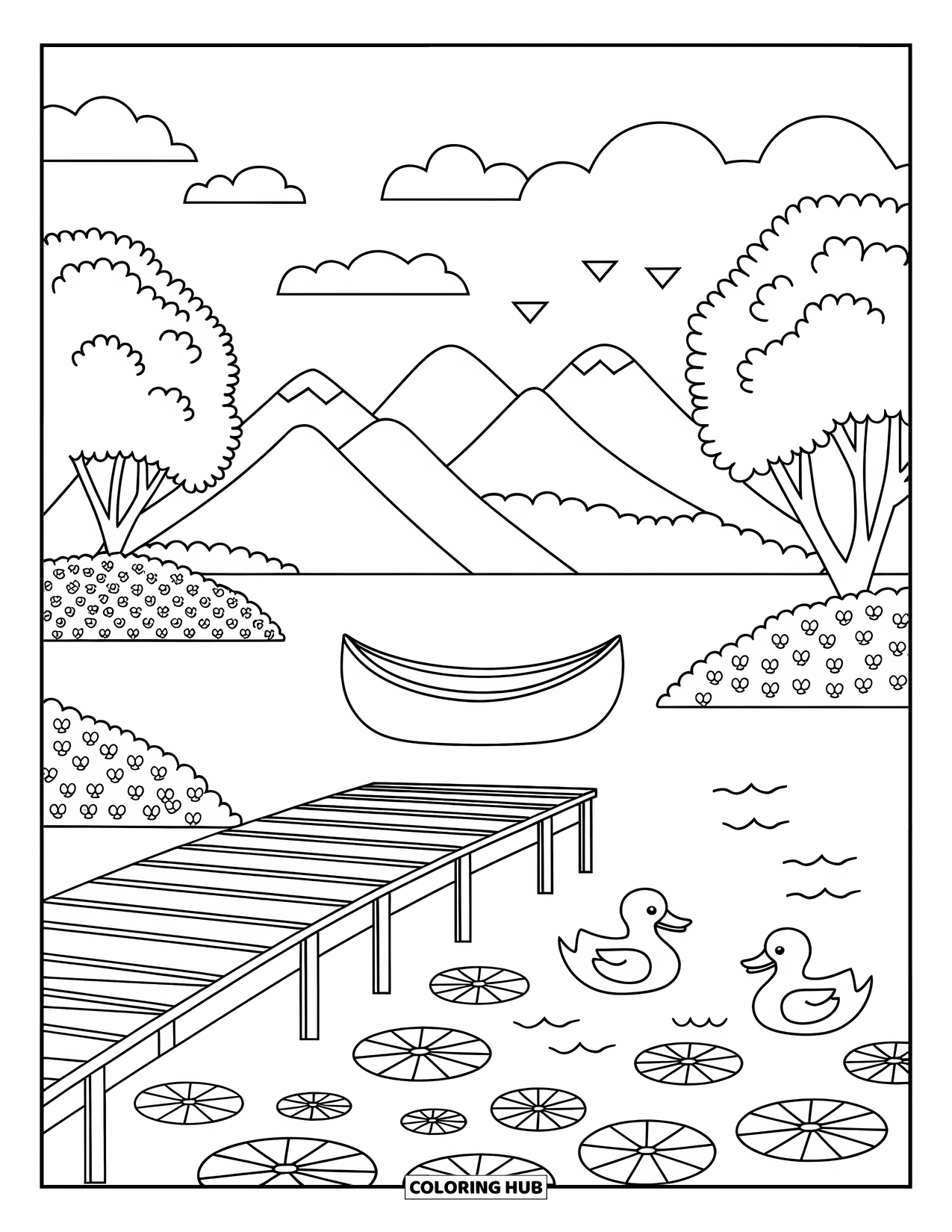 Guatemala Coloring Page for Adults: Volcanoes rise behind a lake where ducks float near lilies and a small pier
