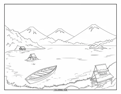 Coloriage du Guatemala pour enfants : Une barque paisible flotte près des imposants volcans du lac Atitlán