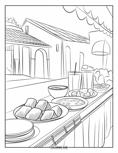 Coloriage du Guatemala pour enfants : Un étal de rue présente des tamales, des tortillas et des boissons fraîches