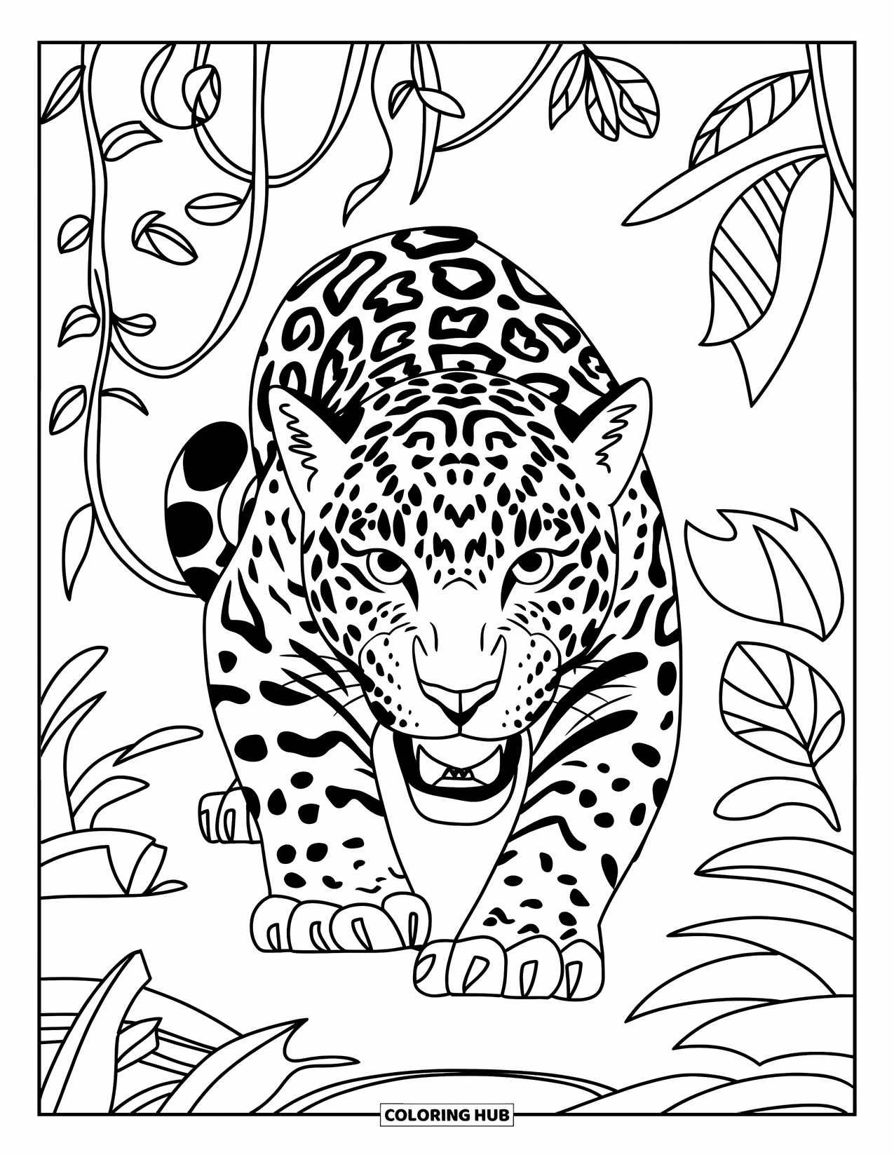 Guatemala Coloring Page for Kids: A jaguar crouches low, surrounded by thick jungle leaves